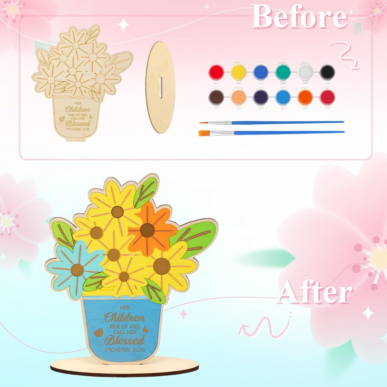 30 Set Spring Religious Mother's Day Flowers Crafts Wooden Flower Card Painting Coloring Craft DIY Flower Religious Wooden Sign for Sunday School Activities Mother's Day Church Gift Craft